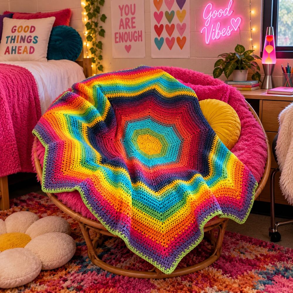 Handmade Rainbow Crochet Afghan 55 Inch Eight Point Star Spiderweb Throw